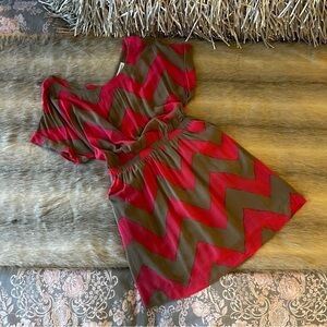 Vintage BCBGeneration Khaki Pink Zig Zag Elastic Waist Loose Fit S Boat Neck 90s